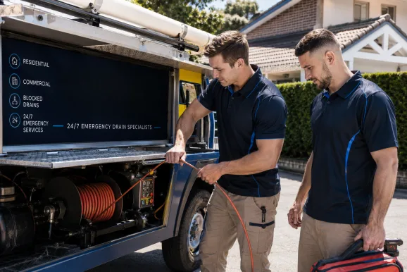 Two plumbers working on a blocked drain in Auburn