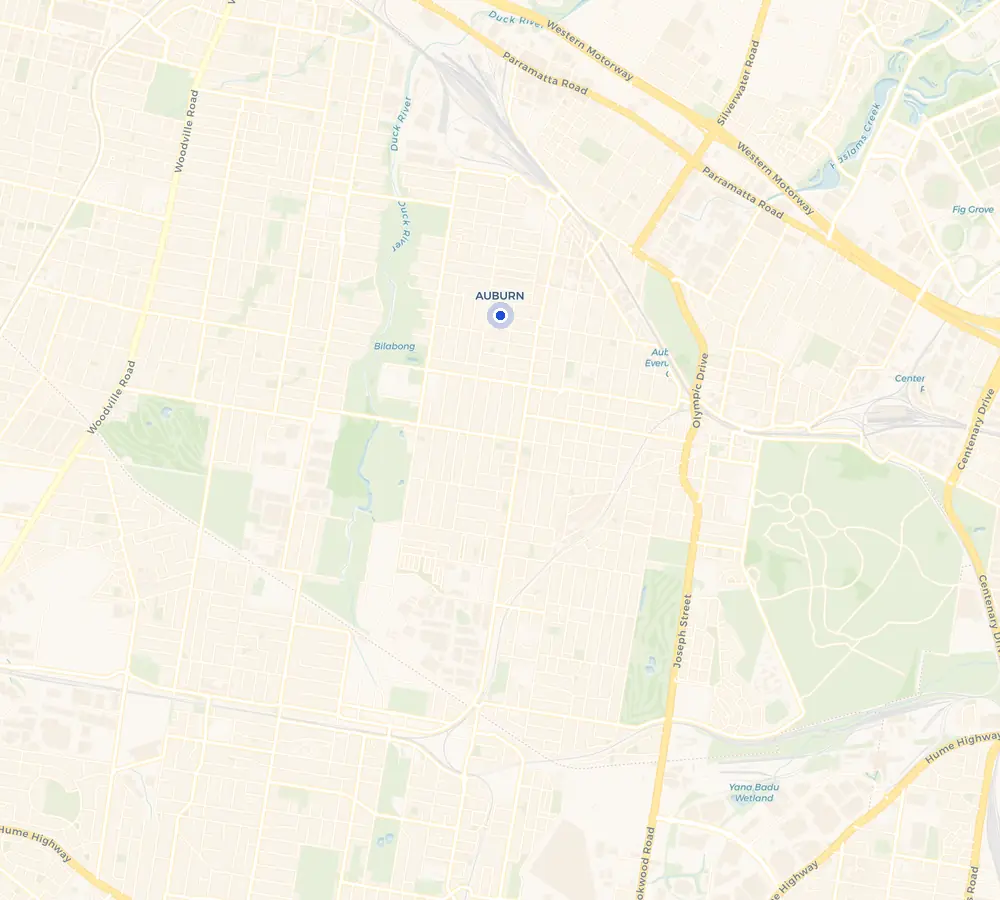 Map of the Auburn service area and the surrounding Western Sydney, showing Auburn and the nearby streets we cover.