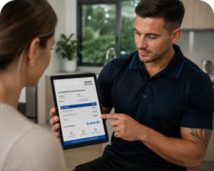 Plumber showing a Auburn customer the quote on a tablet