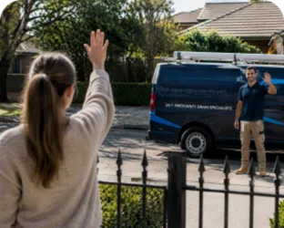 Customer waving goodbye to a plumber in Auburn